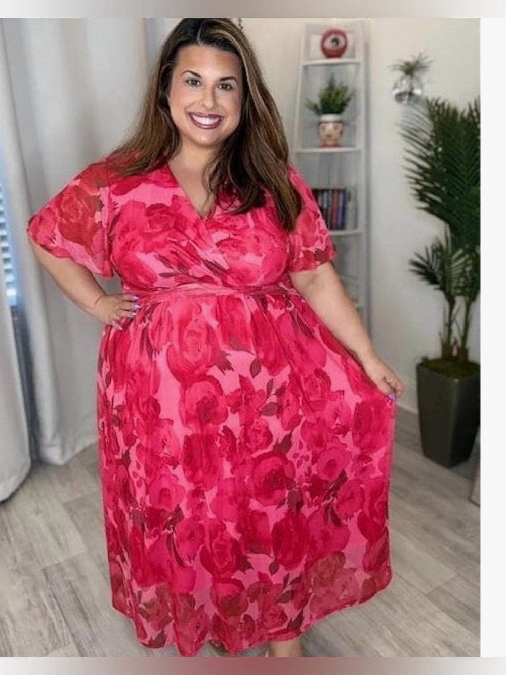 Plus Size Floral Wrap Mesh Maxi Dress in Pink